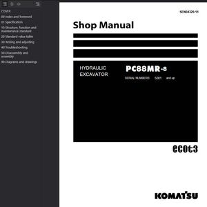 K&ouml;nnte beinhalten: Ein Werkstatthandbuch mit dem Titel "Shop Manual" und dem Text "HYDRAULIC EXCAVATOR PC88MR-8 SERIAL NUMBERS 5001 and up". Das Handbuch ist wei&szlig; mit schwarzem Text und einem schwarzen Rechteck.