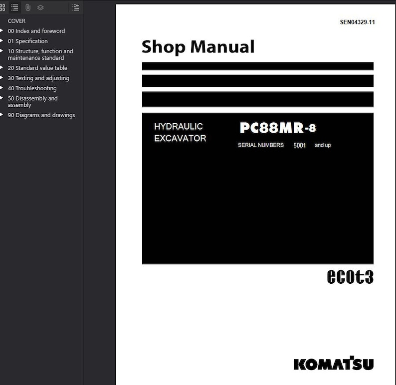 K&ouml;nnte beinhalten: Ein Werkstatthandbuch mit dem Titel "Shop Manual" und dem Text "HYDRAULIC EXCAVATOR PC88MR-8 SERIAL NUMBERS 5001 and up". Das Handbuch ist wei&szlig; mit schwarzem Text und einem schwarzen Rechteck.