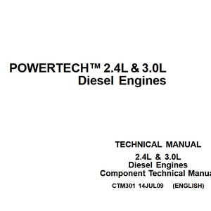 Peut inclure: Un document blanc avec le texte "POWERTECH 2.4L & 3.0L Diesel Engines" en haut. Il indique également "TECHNICAL MANUAL" et "2.4L & 3.0L Diesel Engines Component Technical Manual". Le document est intitulé "CTM301 14JUL09 (ENGLISH)".