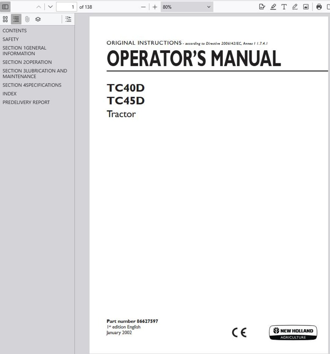 Operators - TC40D, TC45D Tractors New Holland Owners Operation