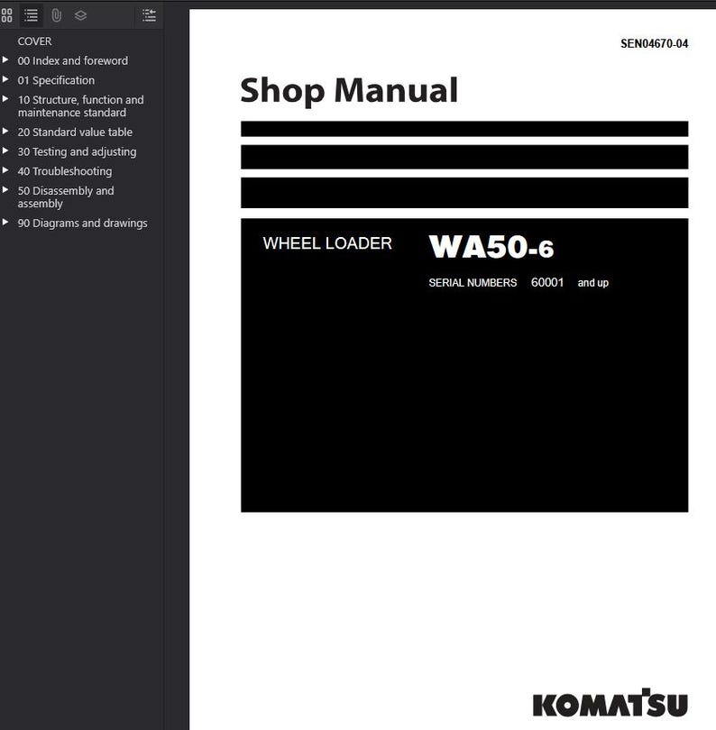 Peut inclure: Manuel d'atelier intitul&eacute; "Shop Manual" en blanc sur fond noir. Le manuel concerne un chargeur sur pneus WA50-6, avec les num&eacute;ros de s&eacute;rie 60001 et plus. Le logo Komatsu est en bas de la page.