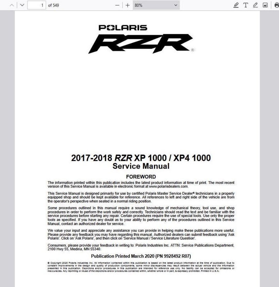 2017-2018 RZR XP XP4 1000 Polaris Service Manual PDF Download - Etsy