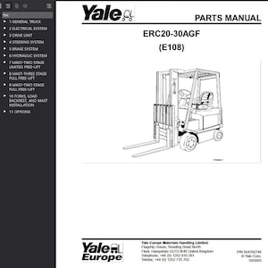 Könnte beinhalten: Ein Teilehandbuch für einen Yale ERC20-30AGF Gabelstapler. Das Handbuch enthält ein Inhaltsverzeichnis und eine Zeichnung des Gabelstaplers. Der Gabelstapler ist in einer Strichzeichnung dargestellt, mit Modellnummer und Herstellerlogo.