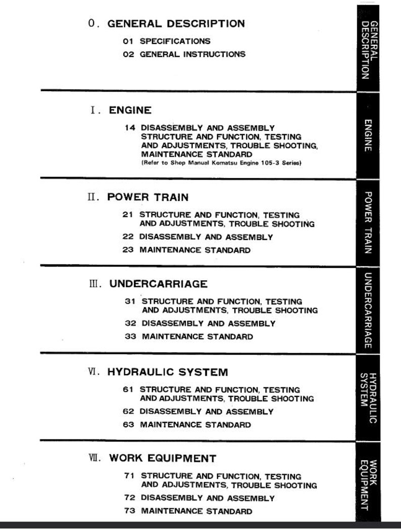 May include: A black and white technical manual page with section titles including General Description, Engine, Power Train, Undercarriage, Hydraulic System, and Work Equipment. Each section lists detailed instructions.