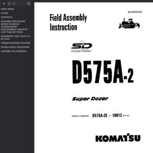 Op de afbeelding: Een witte pagina met zwarte tekst en een zwarte illustratie van een bulldozer. De tekst luidt "Field Assembly Instruction", "D575A-2" en "Super Dozer". Het Komatsu-logo staat onderaan.