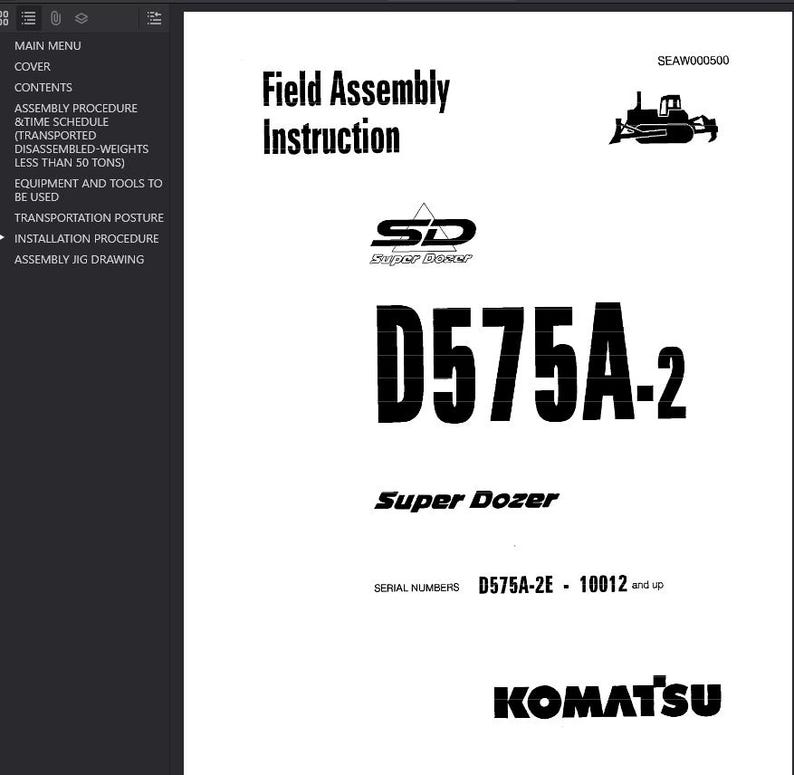 Op de afbeelding: Een witte pagina met zwarte tekst en een zwarte illustratie van een bulldozer. De tekst luidt "Field Assembly Instruction", "D575A-2" en "Super Dozer". Het Komatsu-logo staat onderaan.