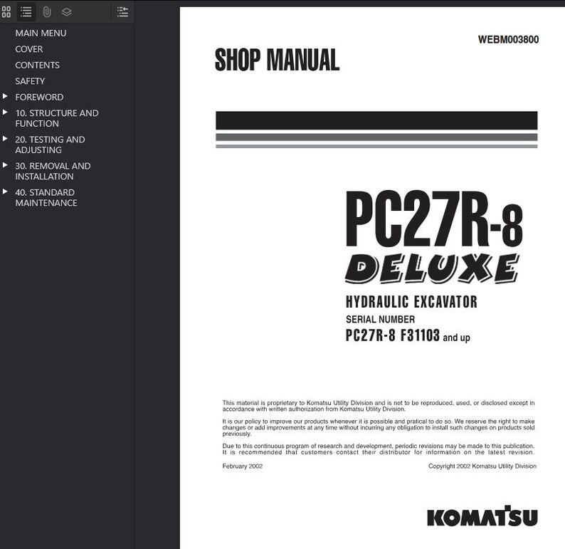 以下が含まれることがあります： 「SHOP MANUAL」というタイトルの白いショップマニュアル。太字の黒いフォントで「PC27R-8 DELUXE HYDRAULIC EXCAVATOR」というテキスト。シリアル番号はPC27R-8 F31103以降。コマツのロゴが一番下にあります。