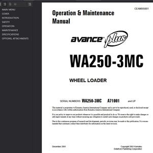 May include: A white manual titled "Operation & Maintenance Manual" with the "avance plus" logo and the text "WA250-3MC WHEEL LOADER." The document includes serial numbers and copyright information.