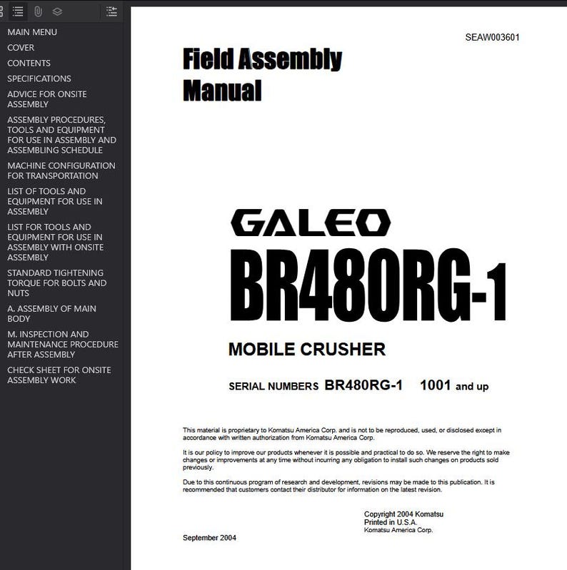 May include: A white manual cover with black text. The title reads "Field Assembly Manual." Below, the text says "GALEO BR480RG-1 MOBILE CRUSHER." The serial numbers are BR480RG-1 1001 and up. Copyright 2004 Komatsu.