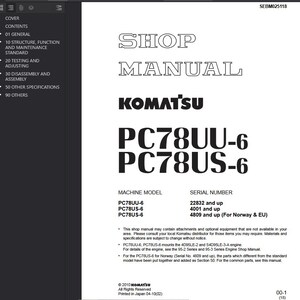 Op de afbeelding: Een wit werkplaatshandboek met de titel "SHOP MANUAL" in grote, omlijnde letters. Het Komatsu-logo staat boven de modelnummers PC78UU-6 en PC78US-6. De handleiding bevat informatie over het machinemodel en het serienummer.