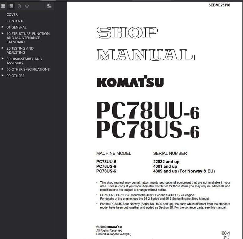 Op de afbeelding: Een wit werkplaatshandboek met de titel "SHOP MANUAL" in grote, omlijnde letters. Het Komatsu-logo staat boven de modelnummers PC78UU-6 en PC78US-6. De handleiding bevat informatie over het machinemodel en het serienummer.