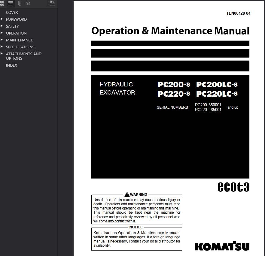 Komatsu PC200-8, PC200LC-8 Shop Manual Excavator PDF Download