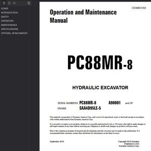 K&ouml;nnte beinhalten: Ein wei&szlig;es Handbuch mit dem Titel "Bedienungs- und Wartungshandbuch" f&uuml;r einen PC88MR-8 Hydraulikbagger. Das Cover enth&auml;lt die Modellnummer, Seriennummern und Motordetails. Ver&ouml;ffentlicht von Komatsu America Corp.