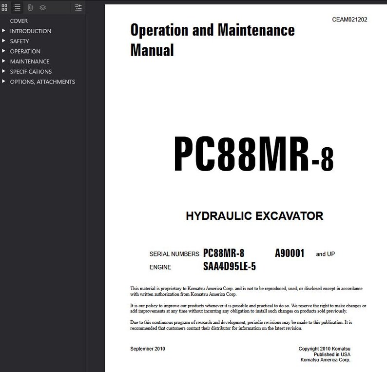 K&ouml;nnte beinhalten: Ein wei&szlig;es Handbuch mit dem Titel "Bedienungs- und Wartungshandbuch" f&uuml;r einen PC88MR-8 Hydraulikbagger. Das Cover enth&auml;lt die Modellnummer, Seriennummern und Motordetails. Ver&ouml;ffentlicht von Komatsu America Corp.