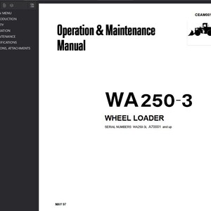 May include: A white manual titled "Operation & Maintenance Manual" for a WA250-3 Wheel Loader. The cover includes the text "WA 250-3 WHEEL LOADER" and a small illustration of a wheel loader. The serial numbers are WA250-3L A70001 and up.