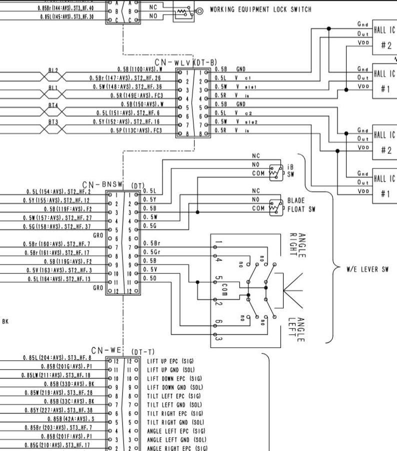 May include: A detailed electrical schematic diagram with numerous labeled components, wires, and connectors. The diagram includes text such as "WORKING EQUIPMENT LOCK SWITCH" and "ANGLE LEFT". The image is in black and white.