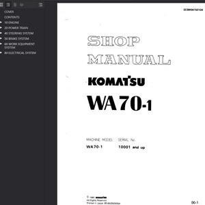 May include: A white page with the text "SHOP MANUAL" in a large font. Below, the brand name "KOMATSU" is displayed, followed by "WA 70-1". The page also includes the machine model and serial number information.