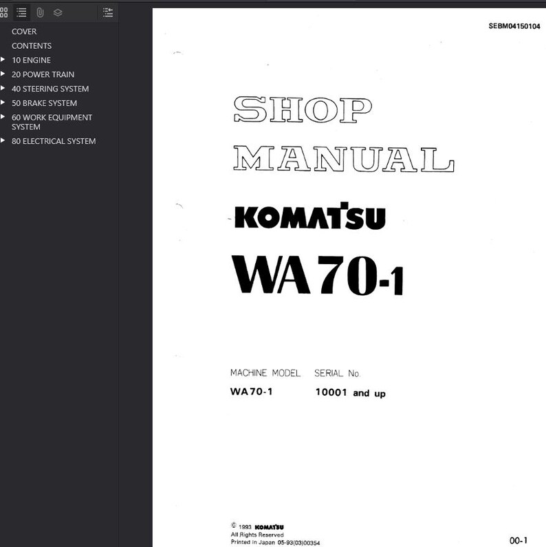 May include: A white page with the text "SHOP MANUAL" in a large font. Below, the brand name "KOMATSU" is displayed, followed by "WA 70-1". The page also includes the machine model and serial number information.