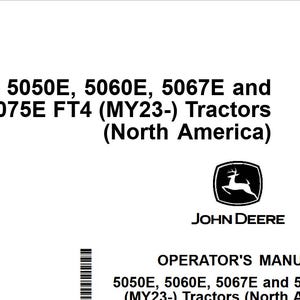Puede incluir: Imagen en blanco y negro de un tractor John Deere con un logotipo de ciervo. El texto dice "5050E, 5060E, 5067E y 5075E FT4 (MY23-) Tractores (Norteamérica)" y "MANUAL DEL OPERADOR 5050E, 5060E, 5067E y 5075E FT4 (MY23-) Tractores (Norteamérica)".