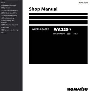 May include: A white Shop Manual with black text. The manual includes the text "WHEEL LOADER WA320-7" and "SERIAL NUMBERS 80001 and up". The Komatsu logo is at the bottom. The left side of the image shows a table of contents.