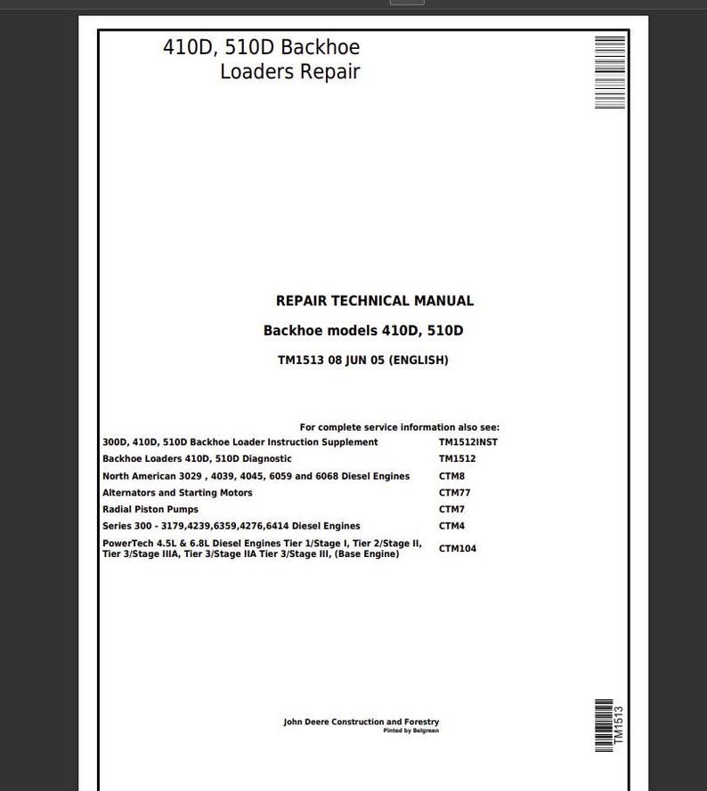 TM1513 - 410D 510D Backhoe Loader John Deere Service Repair Technical ...