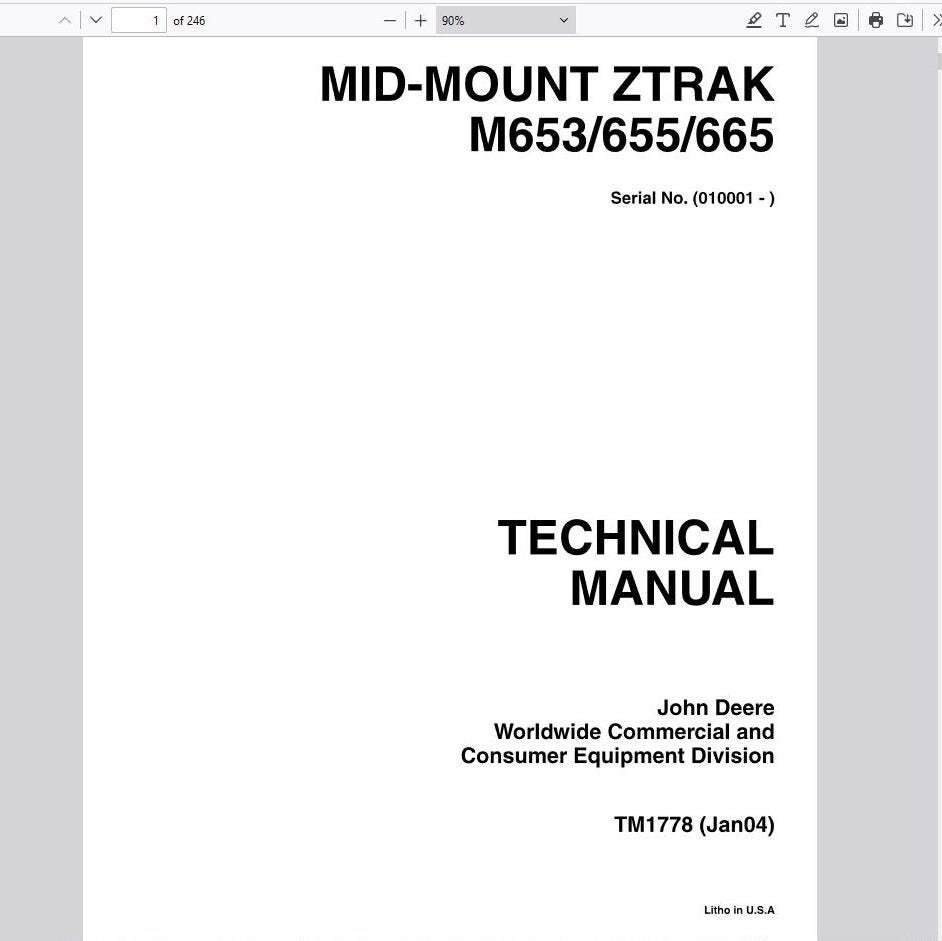 John Deere M653 M655 M665 Z-trak Mid Mount Mowers Service Repair