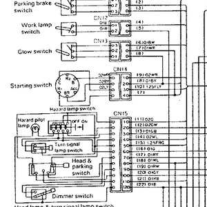 K&ouml;nnte beinhalten: Detailliertes Schaltbild mit Beschriftungen f&uuml;r verschiedene Schalter, darunter Parkbremse, Arbeitsleuchte, Gl&uuml;hkerze und Startschalter. Das Diagramm enth&auml;lt auch Warnblinker, Blinker, Scheinwerfer und Dimmschalter mit nummerierten Anschl&uuml;ssen und Kabelfarbcodes.