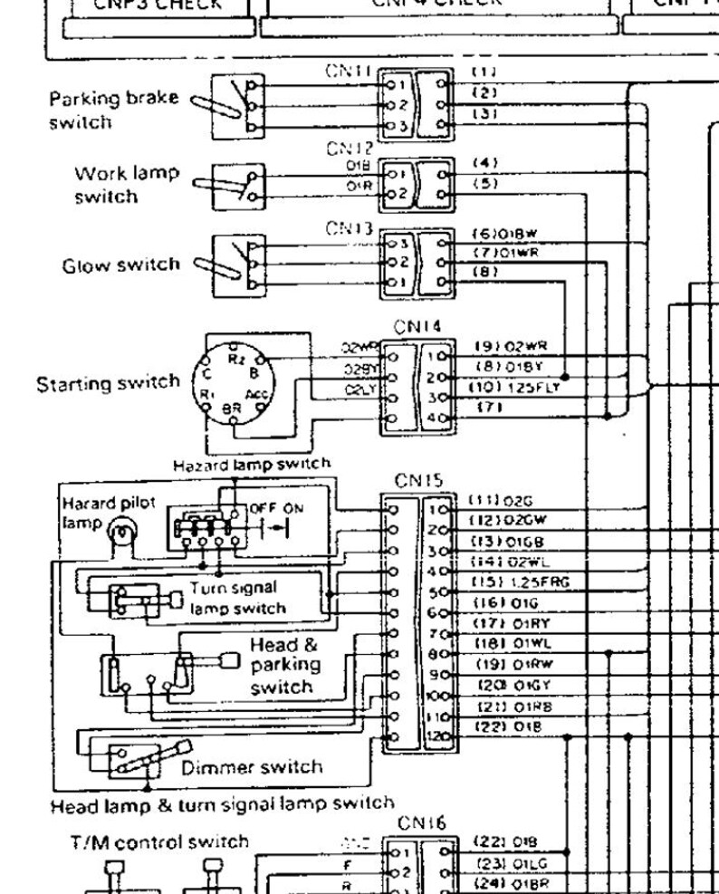 K&ouml;nnte beinhalten: Detailliertes Schaltbild mit Beschriftungen f&uuml;r verschiedene Schalter, darunter Parkbremse, Arbeitsleuchte, Gl&uuml;hkerze und Startschalter. Das Diagramm enth&auml;lt auch Warnblinker, Blinker, Scheinwerfer und Dimmschalter mit nummerierten Anschl&uuml;ssen und Kabelfarbcodes.