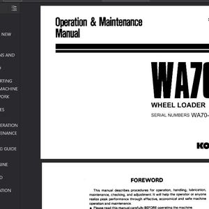 May include: A Komatsu WA70-1 Wheel Loader Operation & Maintenance Manual. The cover features the title in bold black text on a white background. The manual includes sections on operation, maintenance, and safety.
