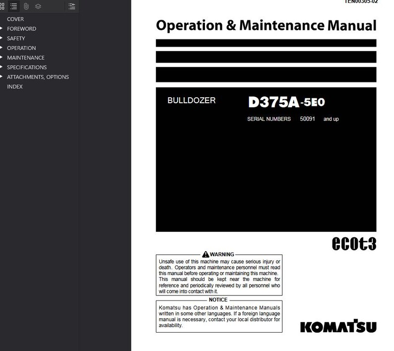 May include: A black and white manual titled "Operation & Maintenance Manual" for a bulldozer model D375A-5EO. The manual includes warnings and notices, with the Komatsu logo at the bottom.