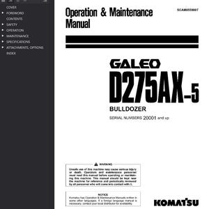 May include: A white manual titled "Operation & Maintenance Manual" with the text "GALEO D275AX-5 BULLDOZER" in large, bold, black letters. The manual includes a warning about safe operation and a notice about foreign language availability.