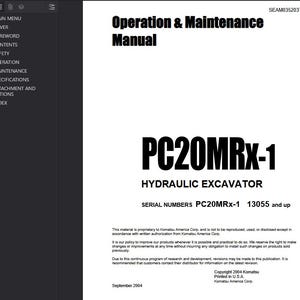 May include: A white manual titled "Operation & Maintenance Manual" with the text "PC20MRx-1 Hydraulic Excavator." The manual includes serial numbers and copyright information from 2004. The left side of the image is a black menu.