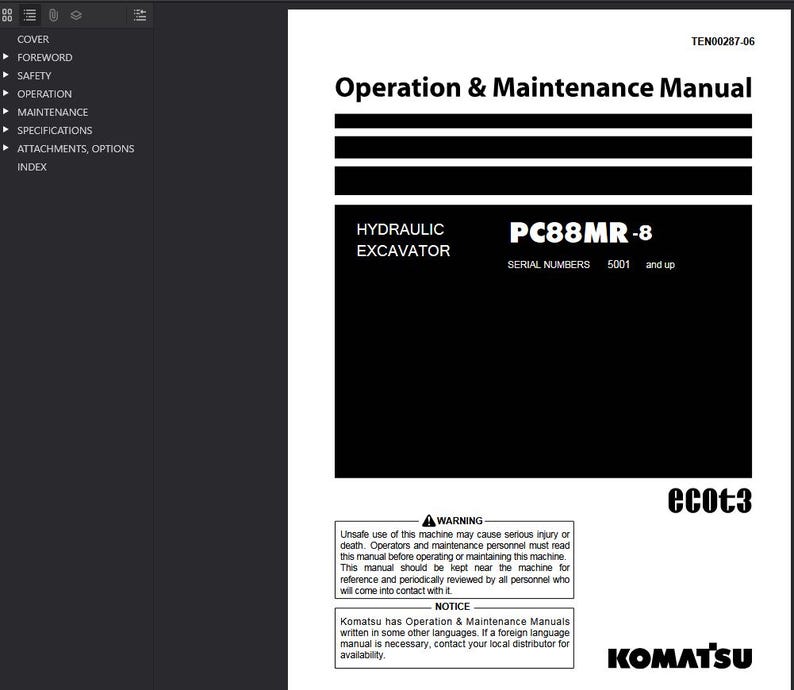 K&ouml;nnte beinhalten: Ein schwarz-wei&szlig;es Handbuch mit dem Titel &bdquo;Bedienungs- und Wartungshandbuch&ldquo; f&uuml;r einen Hydraulikbagger, Modell PC88MR-8. Das Handbuch enth&auml;lt Warnhinweise und Hinweise, mit dem Komatsu-Logo unten. Die Seriennummern beginnen bei 5001.