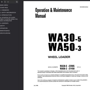 Puede incluir: Una portada de manual blanca con el t&iacute;tulo "Operation & Maintenance Manual" en negro. El manual incluye el texto "WA30-5 WA50-3 WHEEL LOADER" y n&uacute;meros de serie. El documento es de Komatsu Utility Corporation.