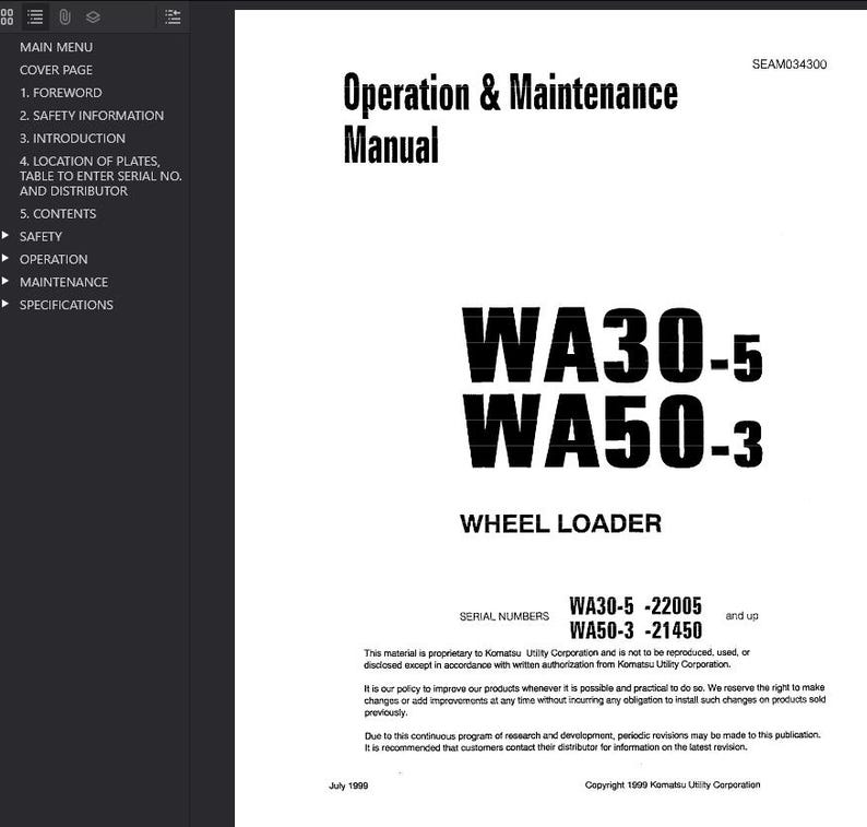 Puede incluir: Una portada de manual blanca con el t&iacute;tulo "Operation & Maintenance Manual" en negro. El manual incluye el texto "WA30-5 WA50-3 WHEEL LOADER" y n&uacute;meros de serie. El documento es de Komatsu Utility Corporation.