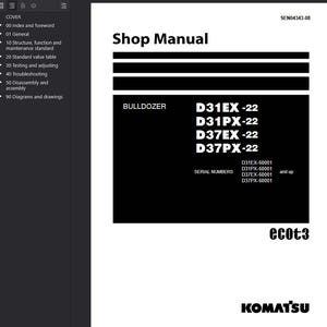 May include: A shop manual with the title "Shop Manual" in black text. The manual includes the text "BULLDOZER" and model numbers D31EX-22, D31PX-22, D37EX-22, and D37PX-22. The Komatsu logo is at the bottom.
