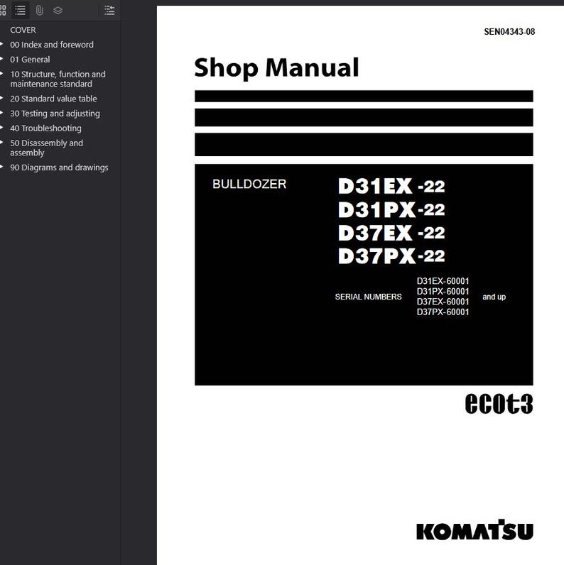 May include: A shop manual with the title "Shop Manual" in black text. The manual includes the text "BULLDOZER" and model numbers D31EX-22, D31PX-22, D37EX-22, and D37PX-22. The Komatsu logo is at the bottom.