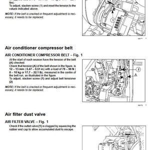 May include: Diagrams and instructions for vehicle maintenance, including alternator belt inspection, air conditioner compressor belt check, and air filter dust valve maintenance. Measurements are provided in inches and pounds.