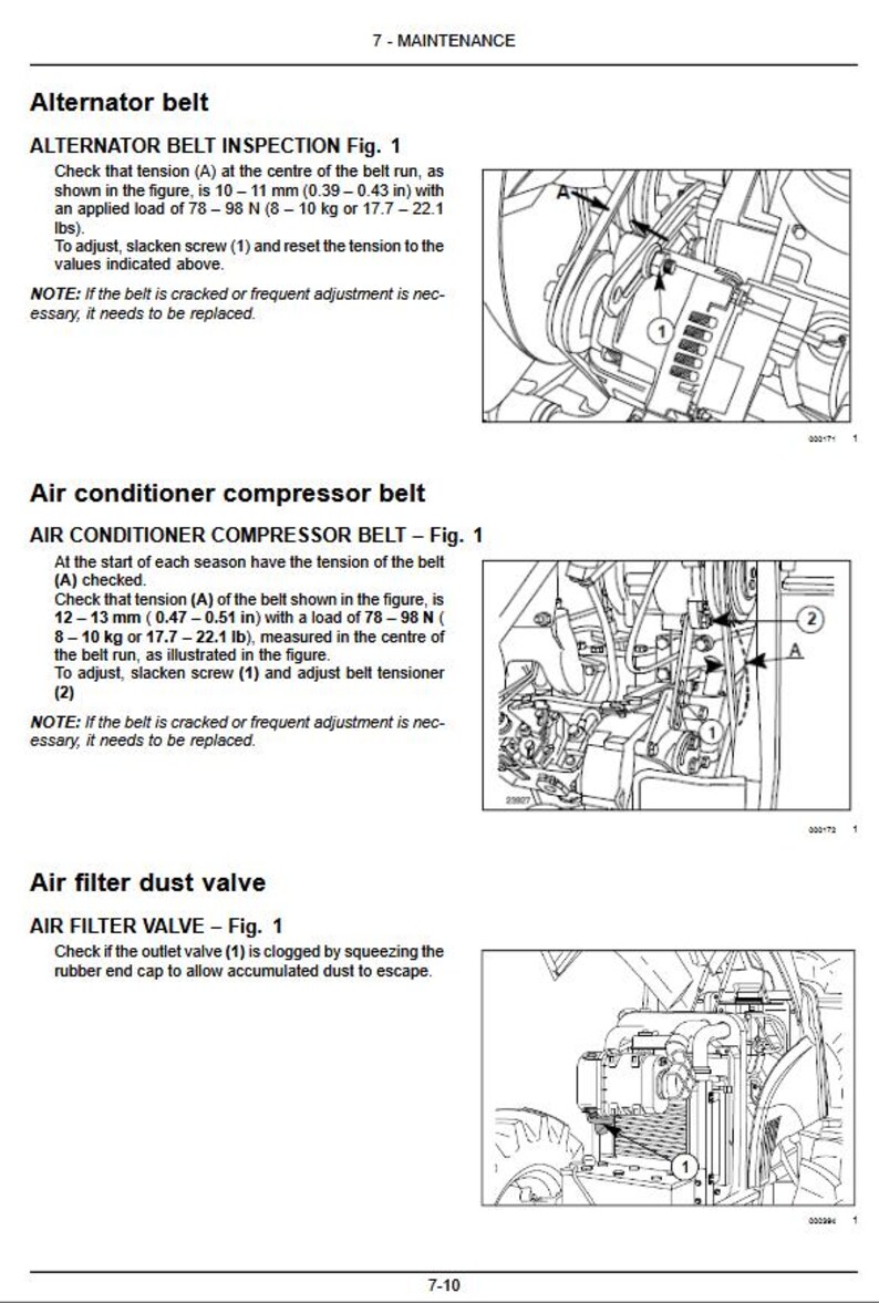 May include: Diagrams and instructions for vehicle maintenance, including alternator belt inspection, air conditioner compressor belt check, and air filter dust valve maintenance. Measurements are provided in inches and pounds.
