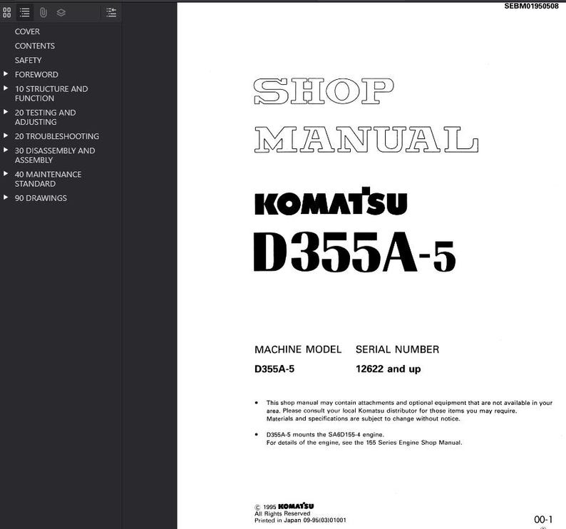Pode incluir: Um manual de oficina branco com o t&iacute;tulo "SHOP MANUAL" em fonte grande e delineada. Abaixo, o texto diz "KOMATSU D355A-5". O manual inclui um sum&aacute;rio e outras informa&ccedil;&otilde;es t&eacute;cnicas.