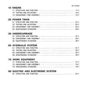 May include: A white page titled 'CONTENTS' detailing sections like 'ENGINE', 'POWER TRAIN', and 'UNDERCARRIAGE'. Each section has subheadings such as 'STRUCTURE AND FUNCTION' and 'TESTING AND ADJUSTING', with page numbers listed on the right.