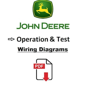 Puede incluir: Un logotipo verde y amarillo de John Deere con un ciervo saltando. El texto "Operation & Test Wiring Diagrams" está debajo del logotipo. Un icono PDF rojo con una flecha hacia abajo está debajo del texto.