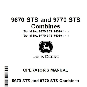 Może przedstawiać: Biała instrukcja obsługi dla kombajnów 9670 STS i 9770 STS. Okładka zawiera logo John Deere, czarno-biały emblemat jelenia oraz tekst "9670 STS and 9770 STS Combines". Zawiera numery seryjne.
