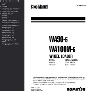 K&ouml;nnte beinhalten: Werkstatthandbuch f&uuml;r WA90-5 und WA100M-5 Radlader. Das Cover ist wei&szlig; mit schwarzem Text, einschlie&szlig;lich des Komatsu-Logos. Das Handbuch enth&auml;lt Schaltpl&auml;ne und Hydraulikschaltpl&auml;ne.