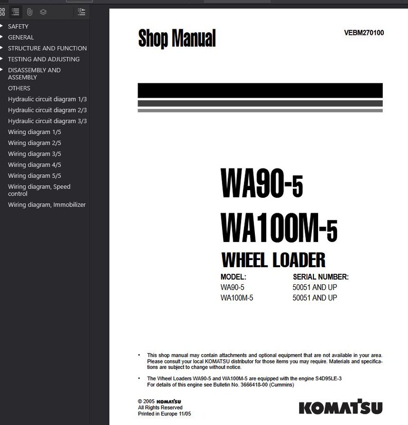 K&ouml;nnte beinhalten: Werkstatthandbuch f&uuml;r WA90-5 und WA100M-5 Radlader. Das Cover ist wei&szlig; mit schwarzem Text, einschlie&szlig;lich des Komatsu-Logos. Das Handbuch enth&auml;lt Schaltpl&auml;ne und Hydraulikschaltpl&auml;ne.