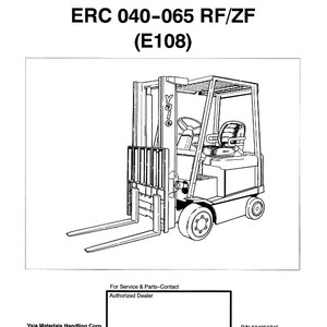 Könnte beinhalten: Schwarz-Weiß-Strichzeichnung eines Yale-Gabelstaplers. Das Bild ist ein Titelblatt für ein Service-Ersatzteilhandbuch mit dem Text "SERVICE PARTS MANUAL" und "ERC 040-065 RF/ZF (E108)". Das Bild enthält auch das Yale-Logo und Kontaktinformationen.