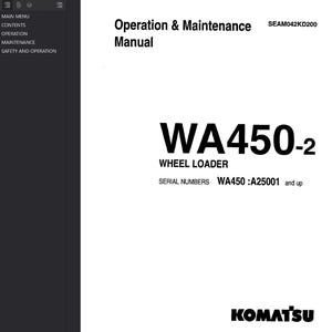 May include: A white manual titled "Operation & Maintenance" for a WA450-2 Wheel Loader. The manual includes the Komatsu logo and serial numbers. The text is in black.