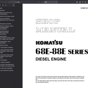 Puede incluir: Una página blanca de un manual de taller para el motor diésel Komatsu serie 68E-88E. El título "SHOP MANUAL" está en la parte superior, con el logotipo de Komatsu y la serie de motores debajo. La página incluye una tabla de contenido.