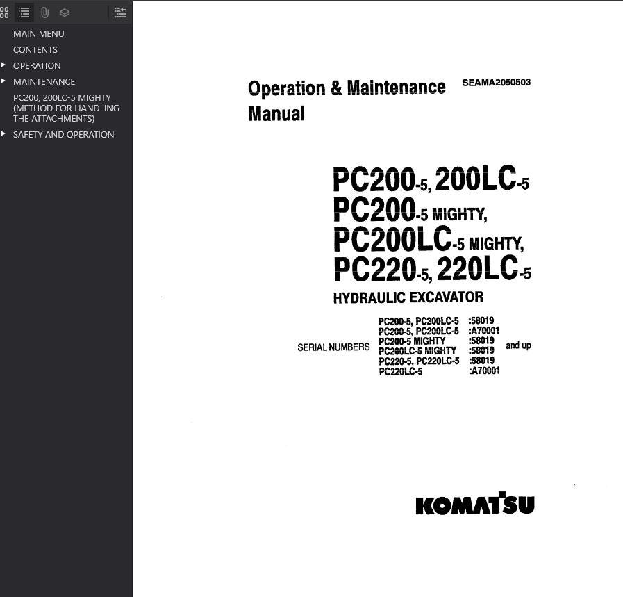 Komatsu PC200-5, PC200LC-5, PC220-5, PC220LC-5 Mighty Shop Manual