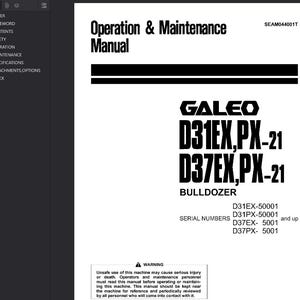 May include: A white manual titled "Operation & Maintenance Manual" with the text "GALEO D31EX,PX-21 D37EX,PX-21 BULLDOZER." Includes a warning about unsafe use. The manual also lists serial numbers.